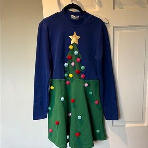 Christmas Tree Sweatshirt Dress- Blue and Green Pom Poms and Star Medium